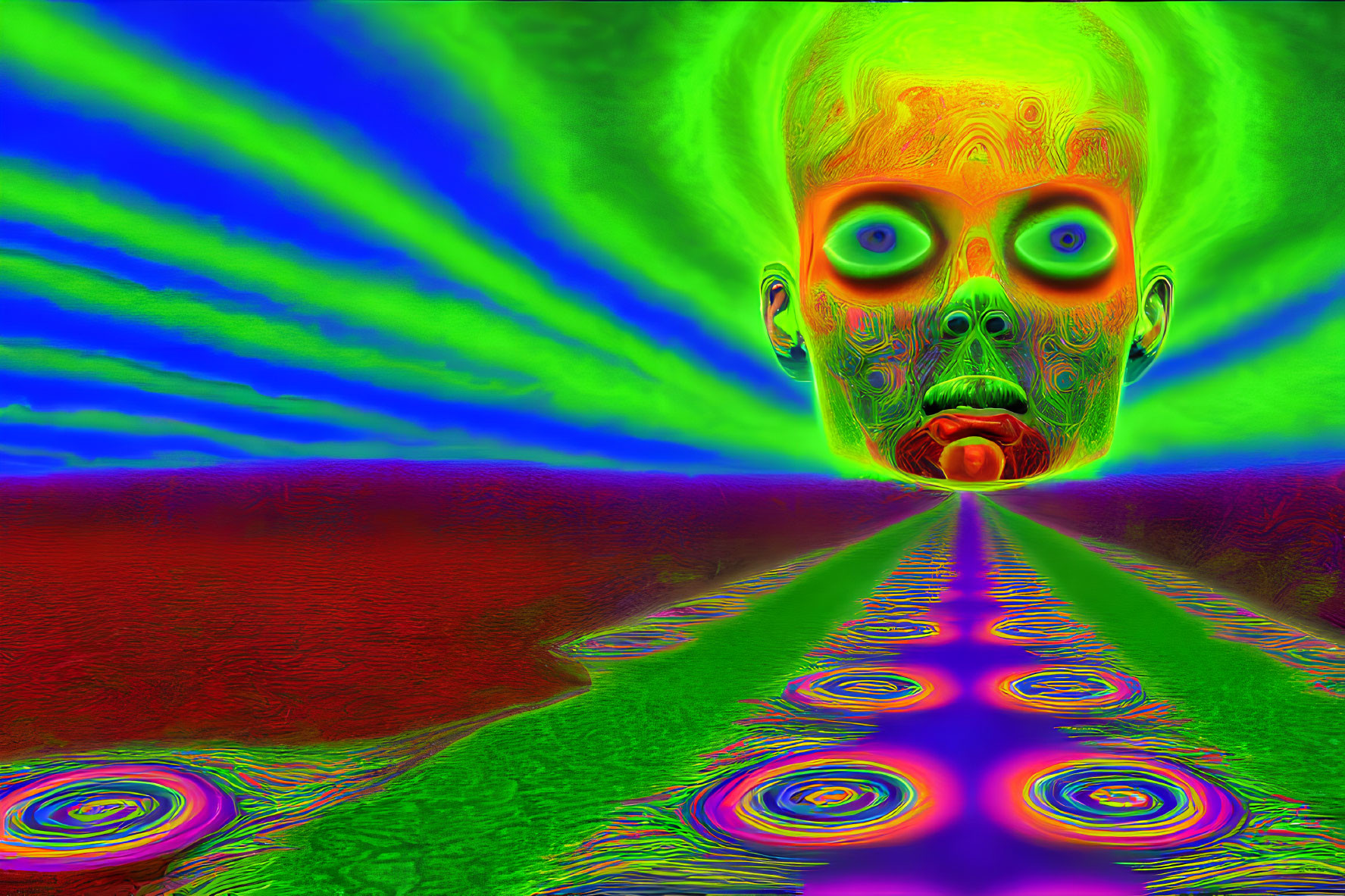 Colorful Surreal Face with Multiple Eyes in Psychedelic Landscape