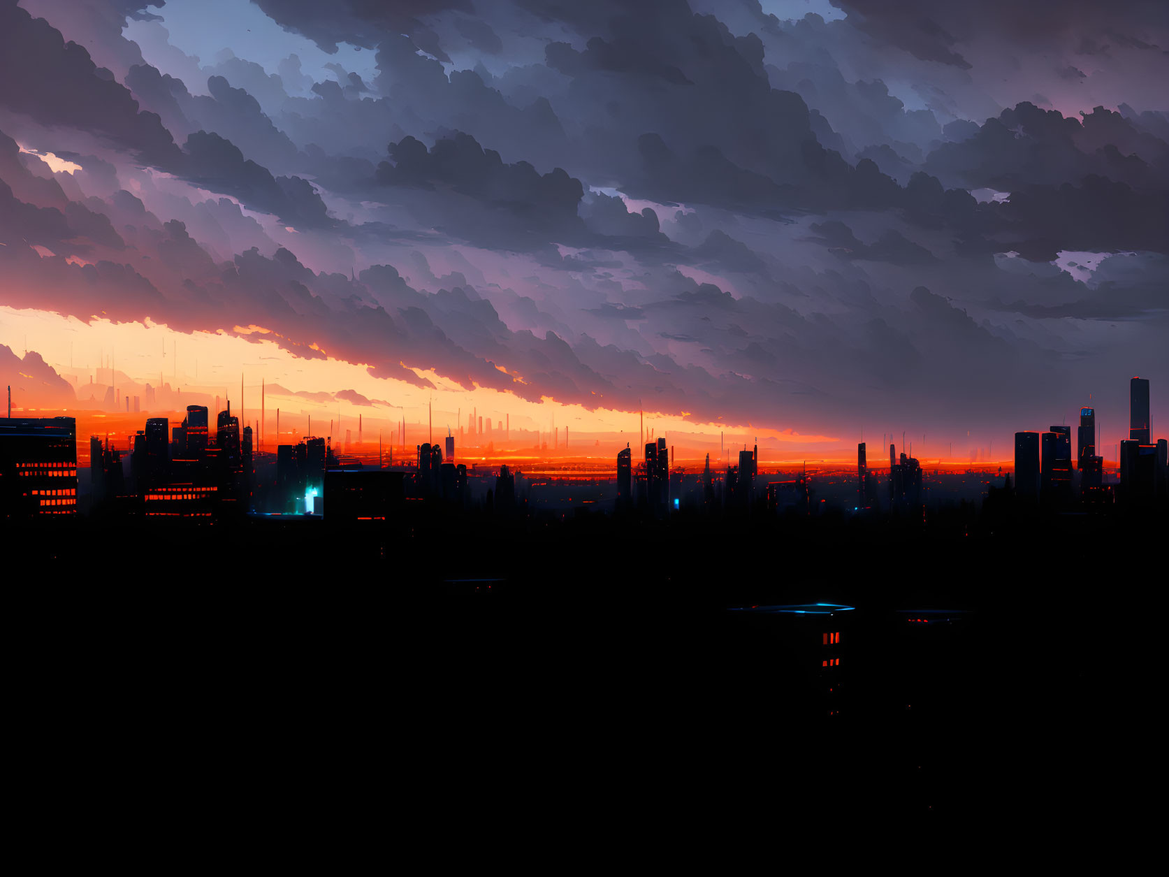 City skyline digital artwork at dusk with silhouetted buildings against orange and blue sunset sky