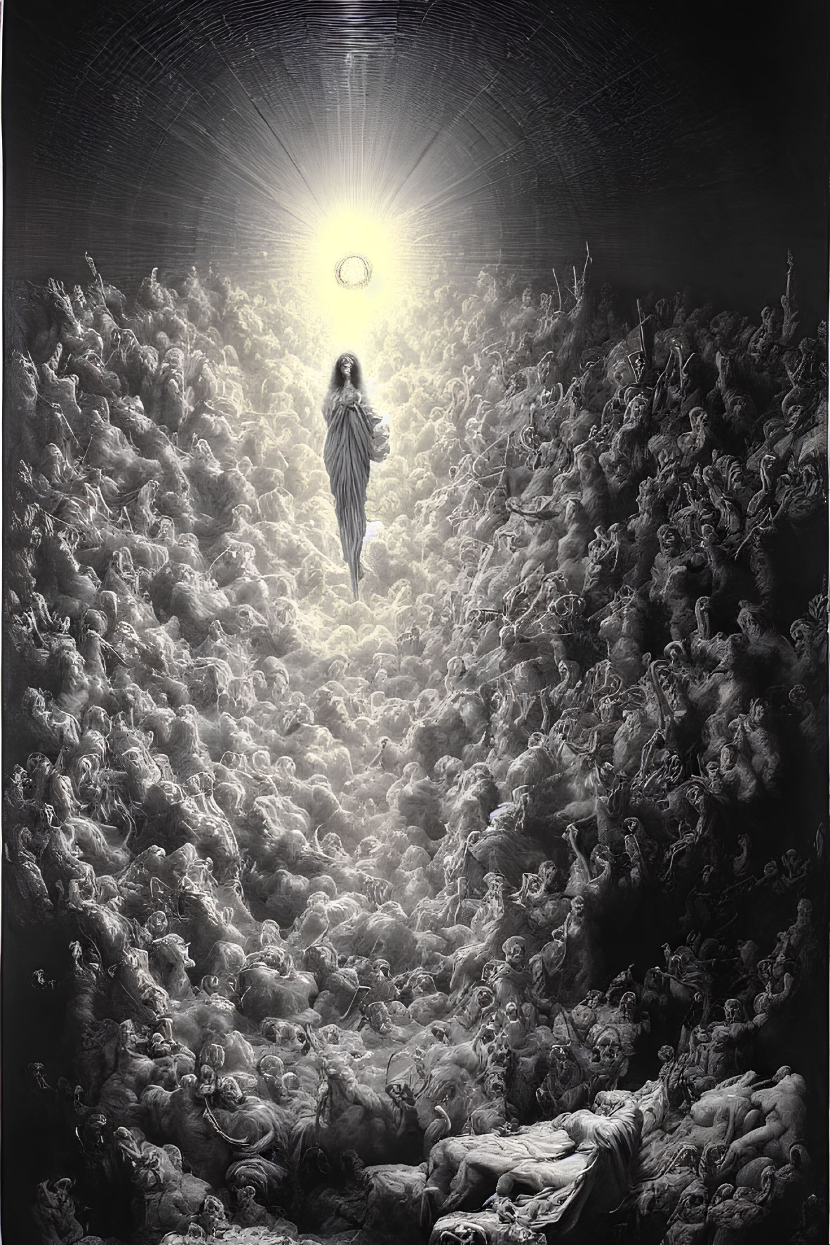 Monochrome surreal illustration of robed figure in crowd with radiant light