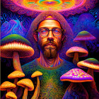 Colorful Psychedelic Portrait with Bearded Figure and Neon Mushrooms