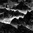 Detailed monochrome mountain range illustration with swirling clouds.