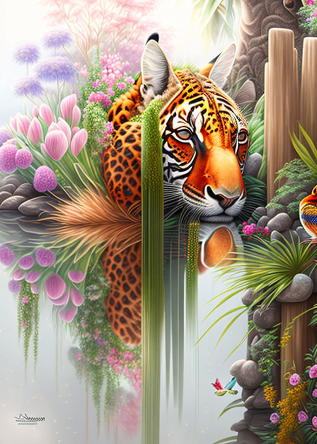 Colorful surreal tiger with floral pattern reflecting in water.