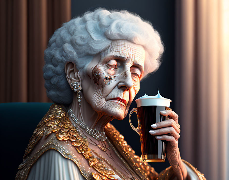 Elderly Woman in Elaborate Attire Holding Ornate Cup