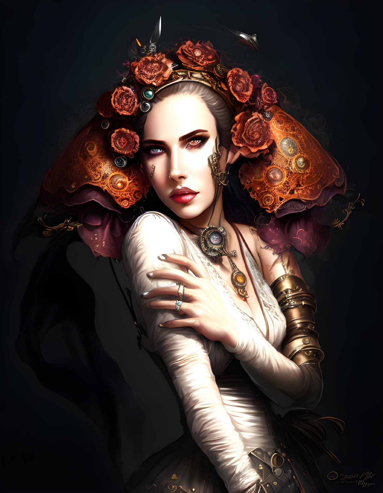 Digital portrait of woman with pale skin, blue eyes, crown of roses, elegant jewelry, golden arm