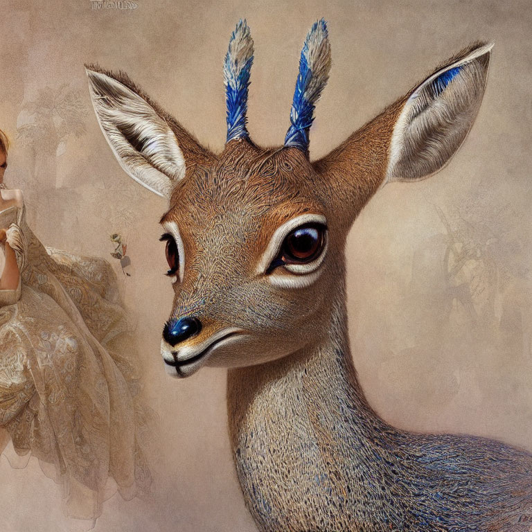 Anthropomorphic deer with expressive eyes and feathered ears on beige background.