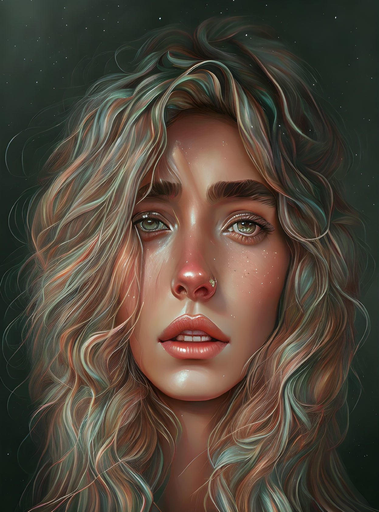 Illustrated portrait of young woman with wavy blonde hair and green eyes against starry cosmic background