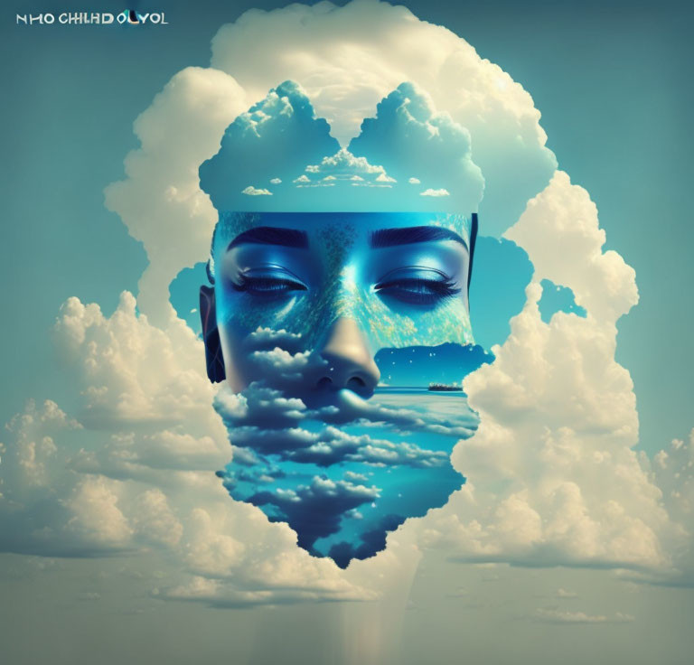 Surreal face with cloud and sky elements on blue background