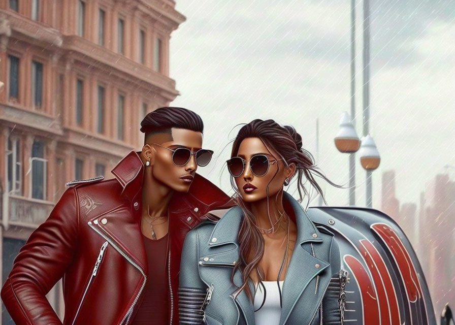 Animated couple in leather jackets and sunglasses on city street exude trendy urban vibe