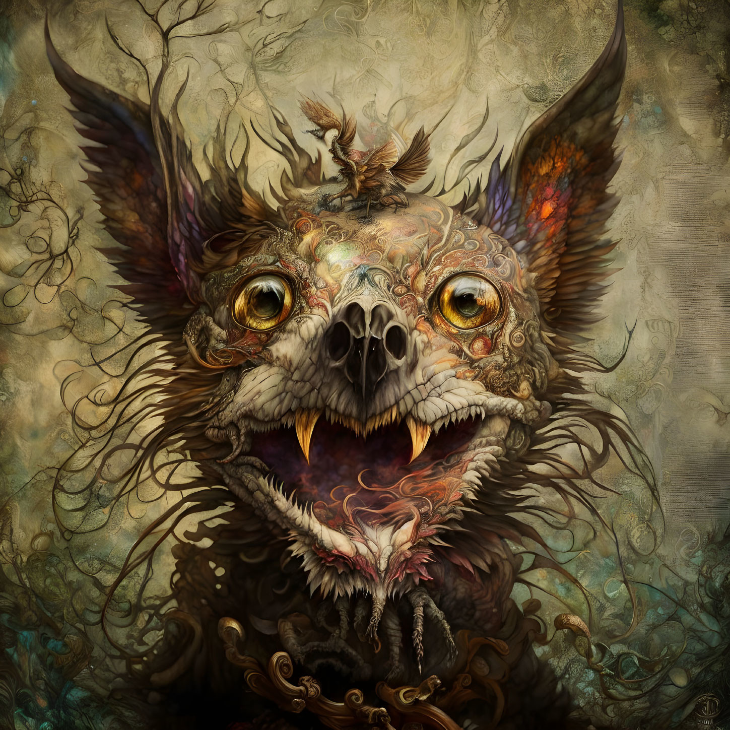 Detailed artwork of mystical creature with multiple eyes and sharp teeth