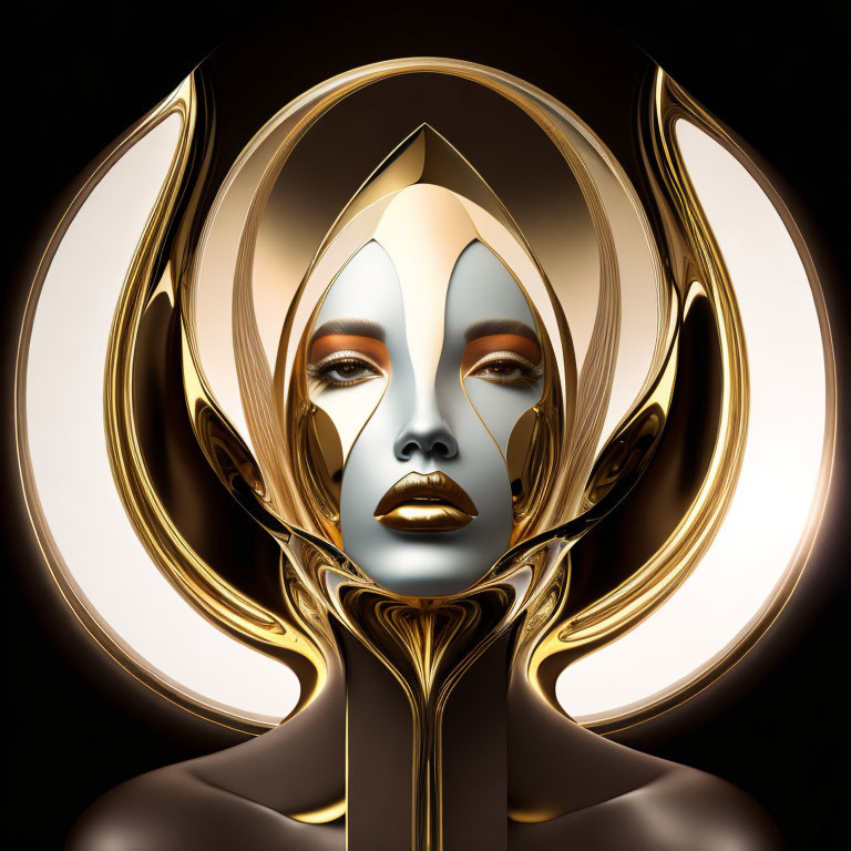 Stylized golden female figure with flowing lines on dark background