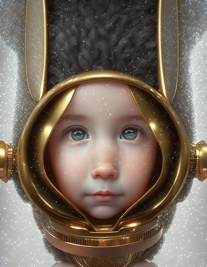 Child with Blue Eyes in Bunny-Eared Astronaut Helmet on Starry Background