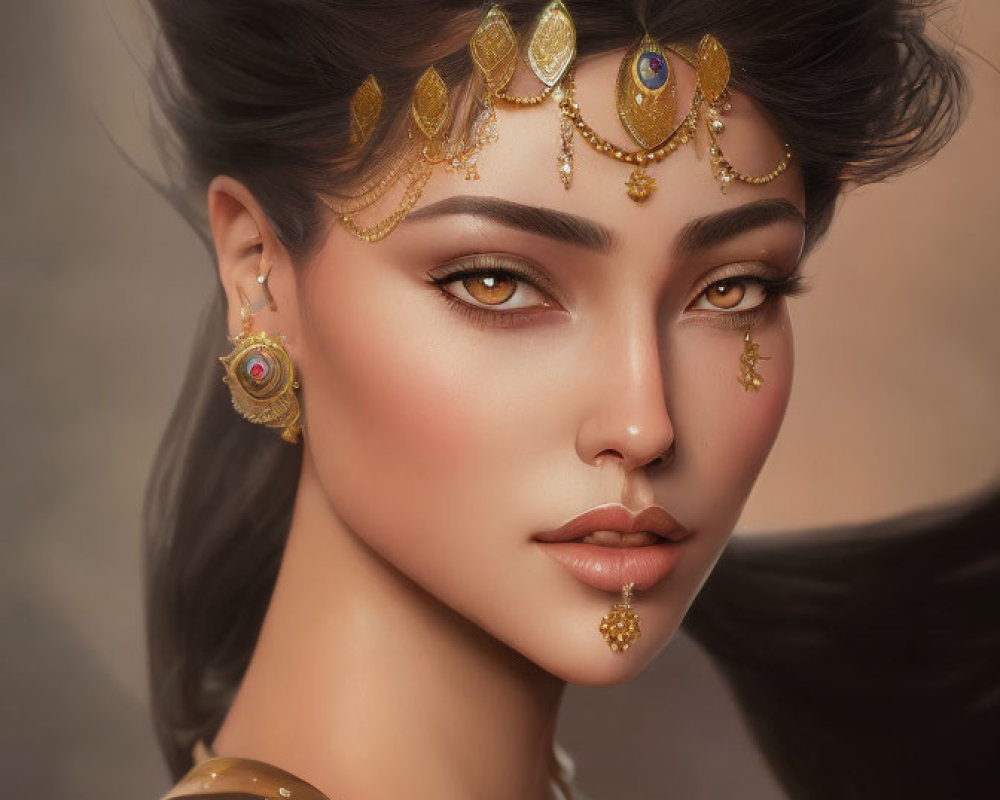 Digital artwork featuring woman with dramatic makeup and gold jewelry