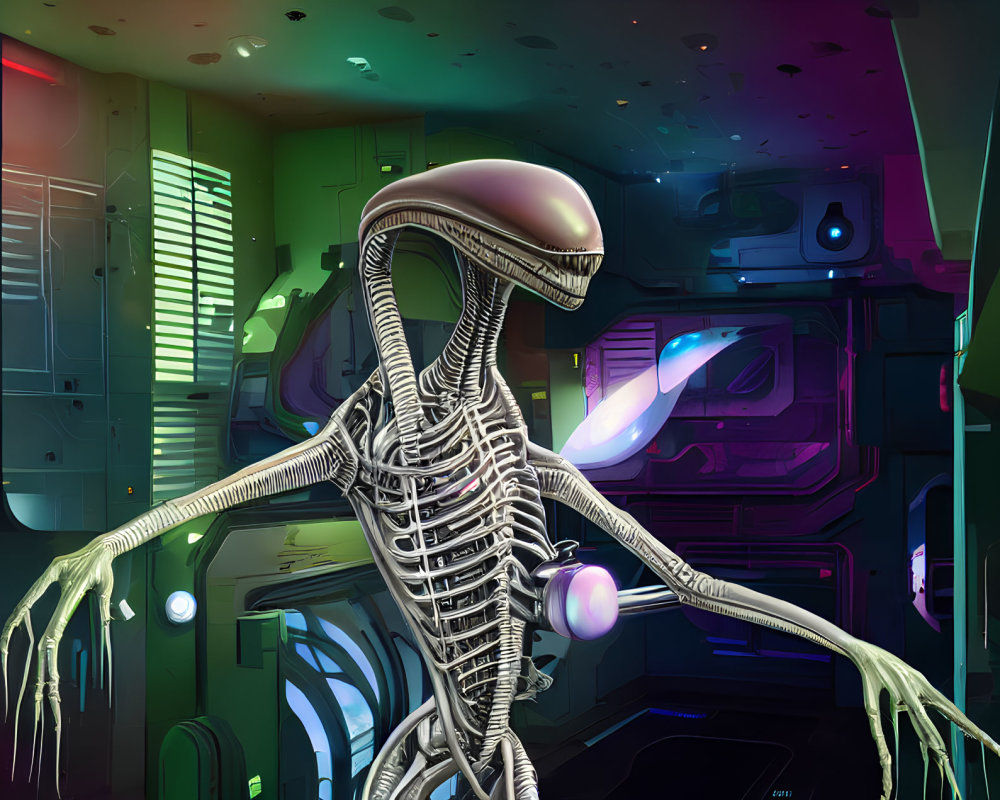 Biomechanical alien with exoskeleton in futuristic spaceship corridor