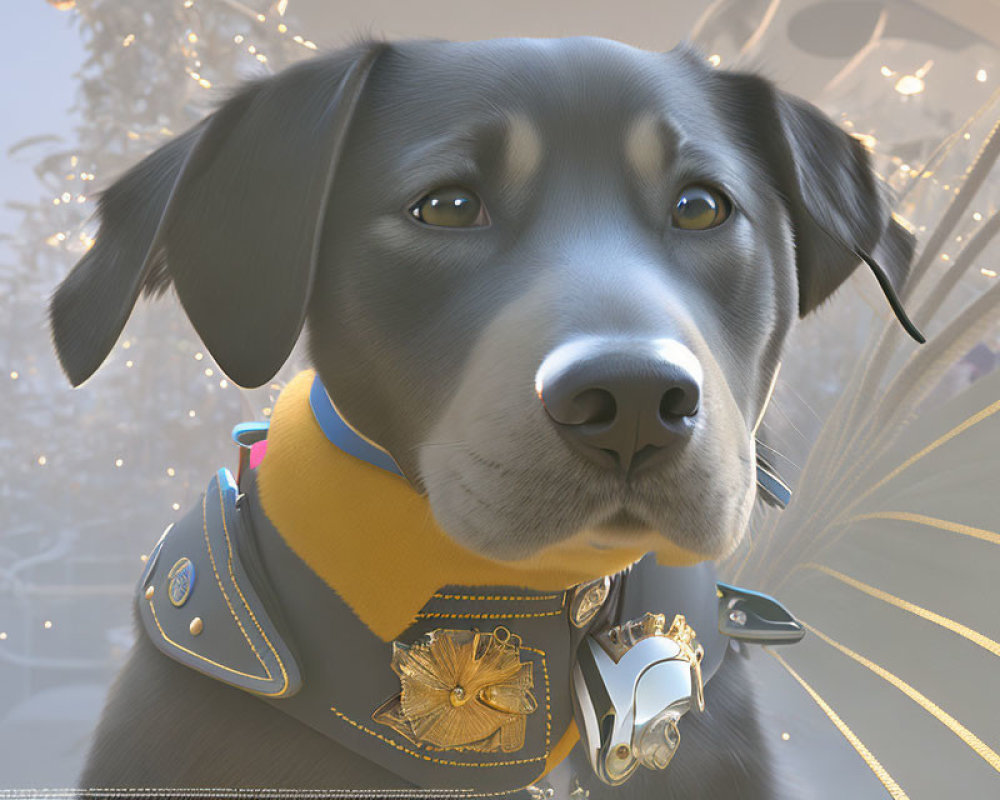 Black dog in fantasy harness with gold insignias and yellow scarf