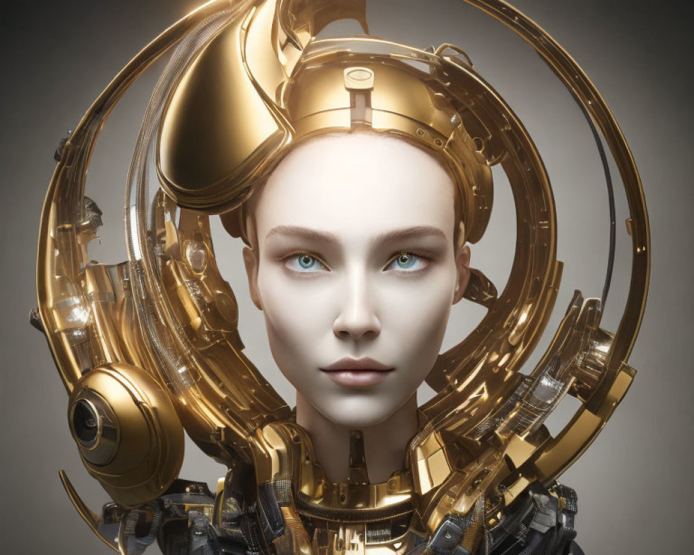 Female humanoid robot with golden mechanical headdress and blue eyes