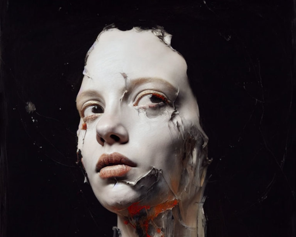 Monochrome face paint resembling broken porcelain doll with red accents