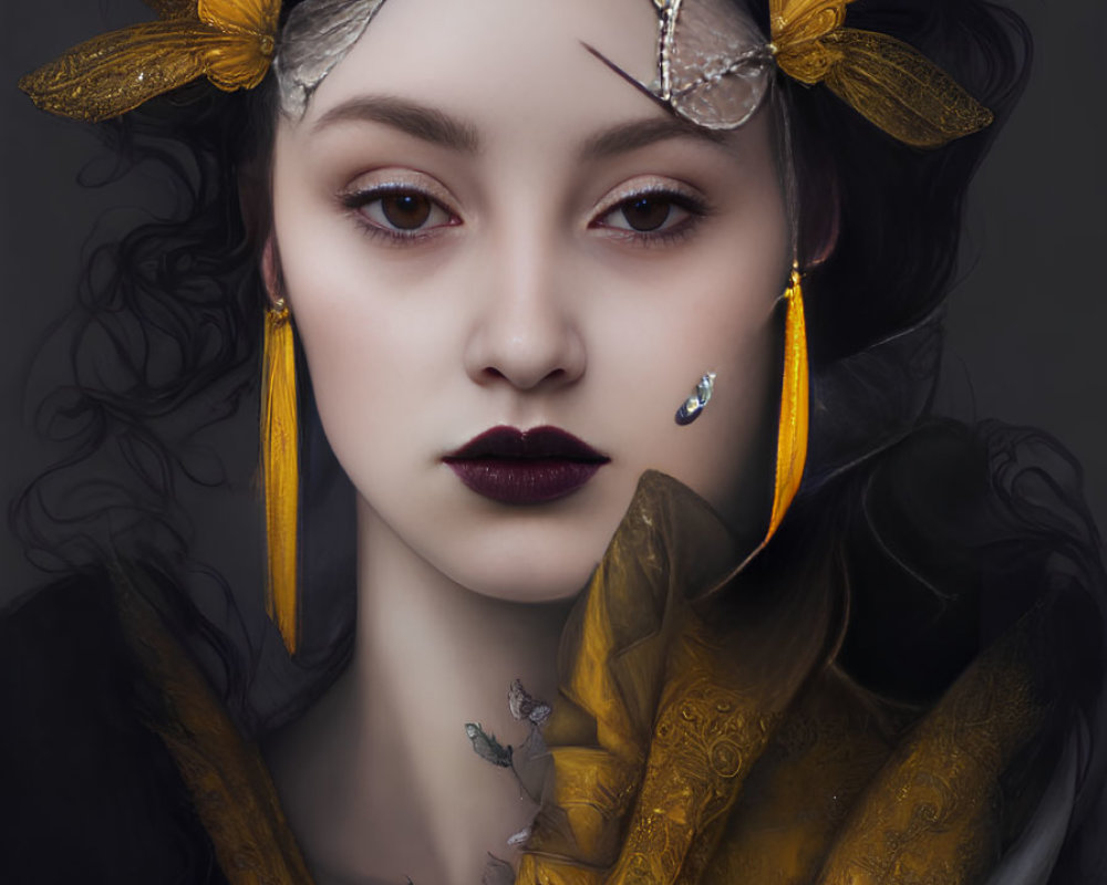 Woman with Striking Makeup and Dark Lipstick Adorned with Gold and Butterfly Accessories