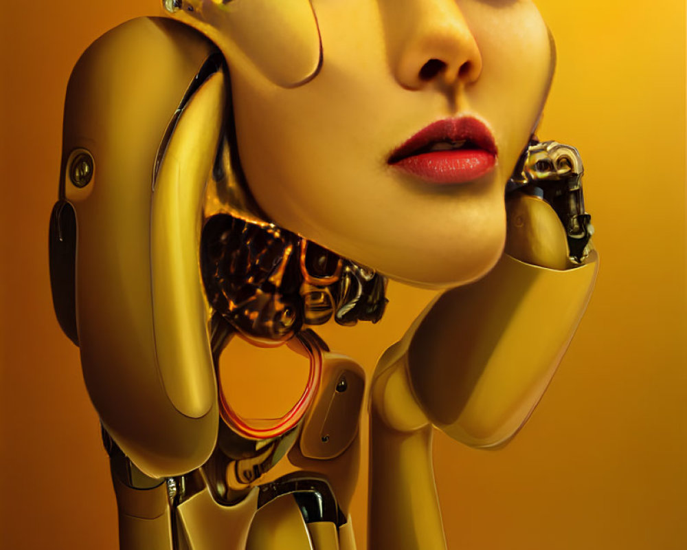 Futuristic female robot with gold body and blue eyes on amber background