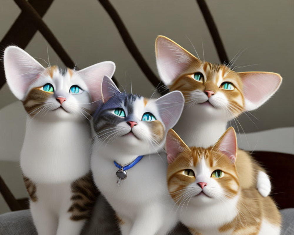 Four animated cats with expressive blue eyes and realistic fur sitting closely together.