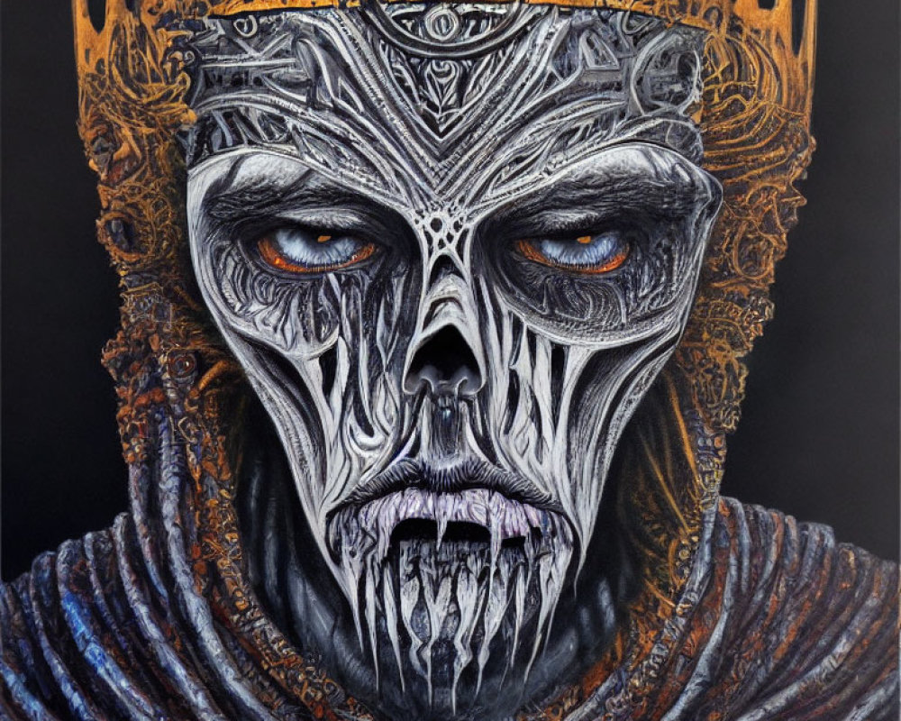 Detailed painting: skeletal figure with crown, orange eyes, ornate textures