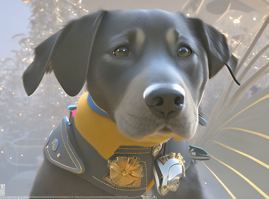 Black dog in fantasy harness with gold insignias and yellow scarf