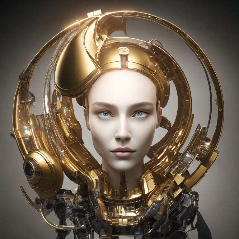 Female humanoid robot with golden mechanical headdress and blue eyes