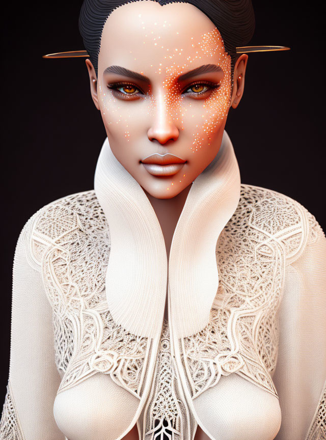 Fantasy Character Digital Artwork with Pointed Ears and Elaborate Lace Collar