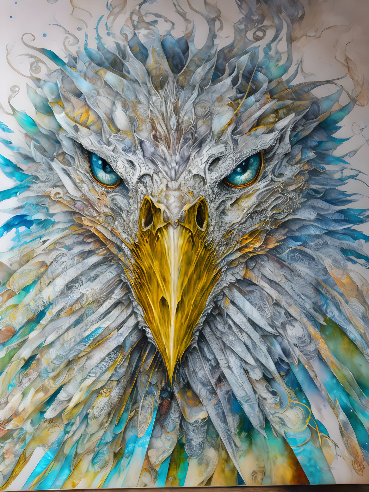 Detailed illustration of majestic eagle with blue and gray feathered head, piercing blue eyes, and yellow be