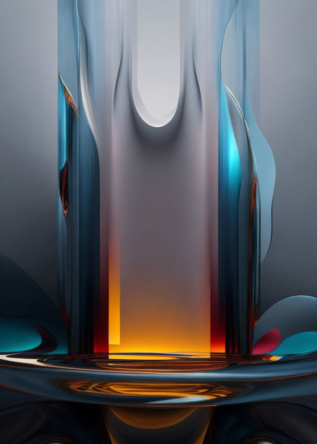 Abstract Digital Artwork: Fluid Blue Shapes with Warm Glow surrounded by Cool Curves