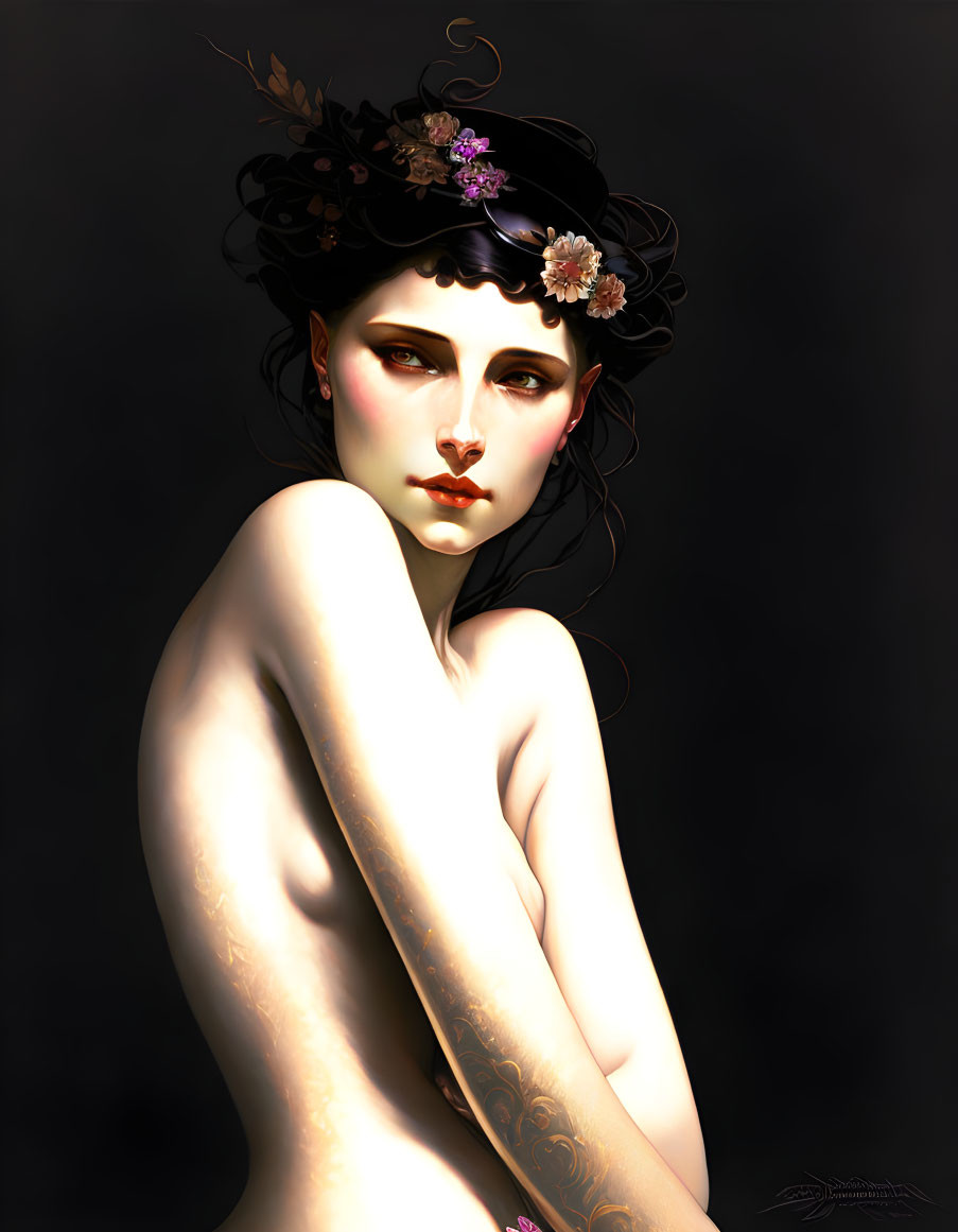 Portrait of woman with fair skin, dark hair, flowers, and subtle makeup.