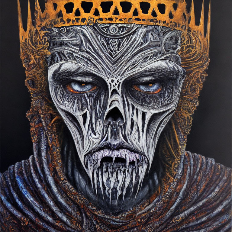 Detailed painting: skeletal figure with crown, orange eyes, ornate textures