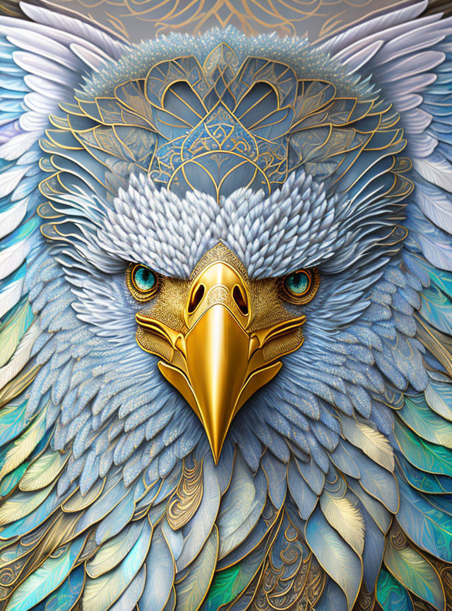 Detailed eagle illustration with intricate feather patterns and golden beak.