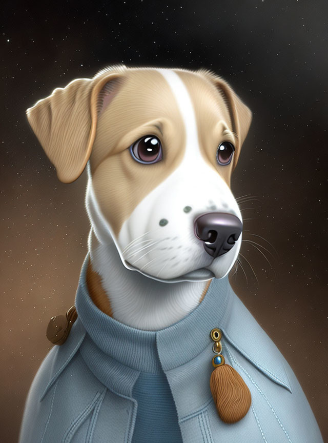 Illustrated beige and white dog with soulful eyes in blue collar against starry backdrop