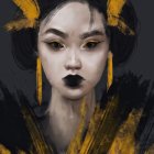 Woman with Striking Makeup and Dark Lipstick Adorned with Gold and Butterfly Accessories