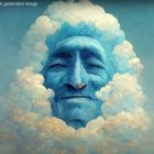 Surreal face with cloud and sky elements on blue background