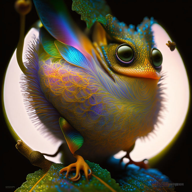 Colorful fantastical creature with bird-like features and iridescent feathers