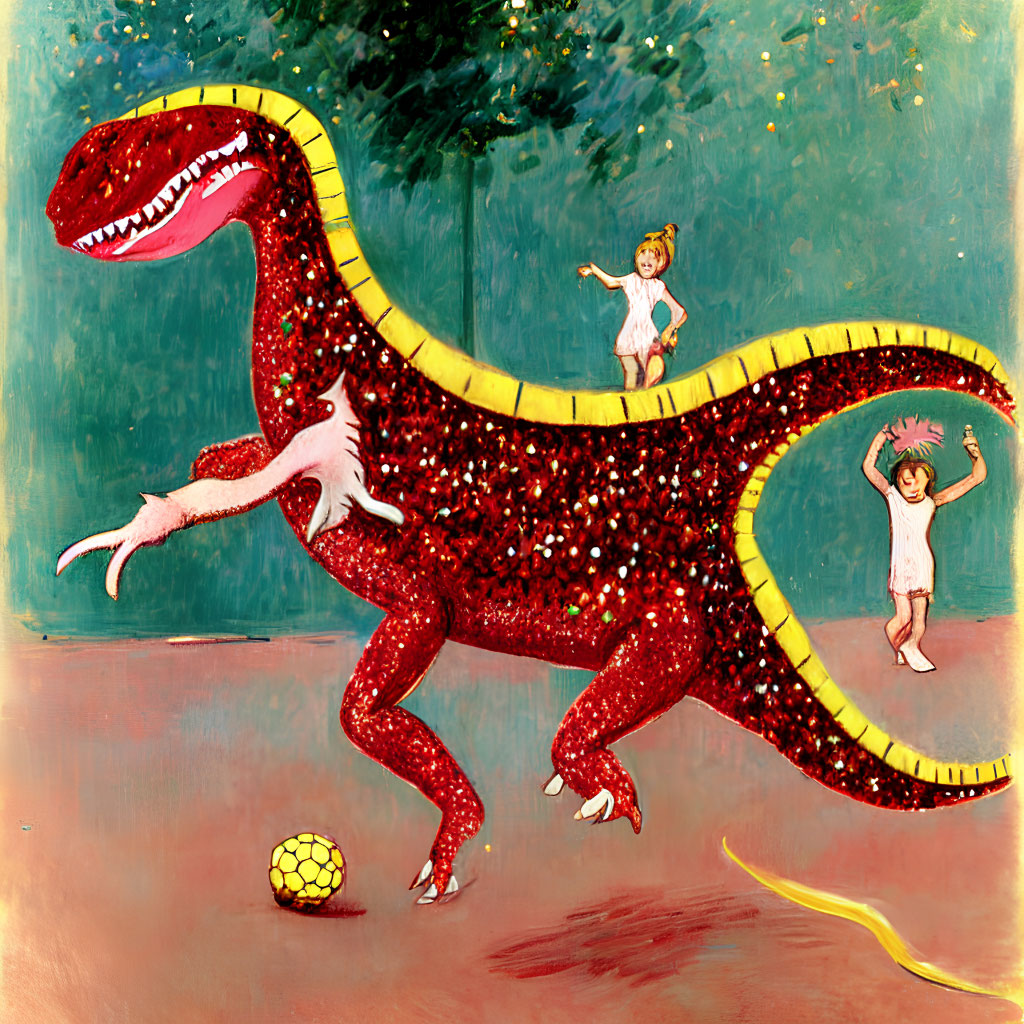 Whimsical illustration of children playing with red glittery dinosaur