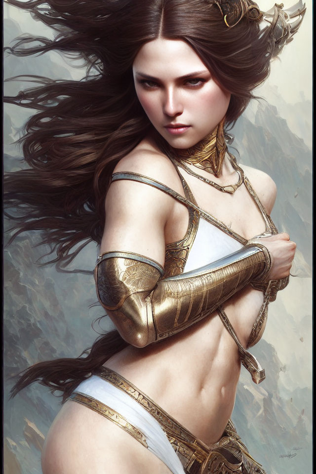 Fantasy warrior woman with brown hair in gold armor and white top