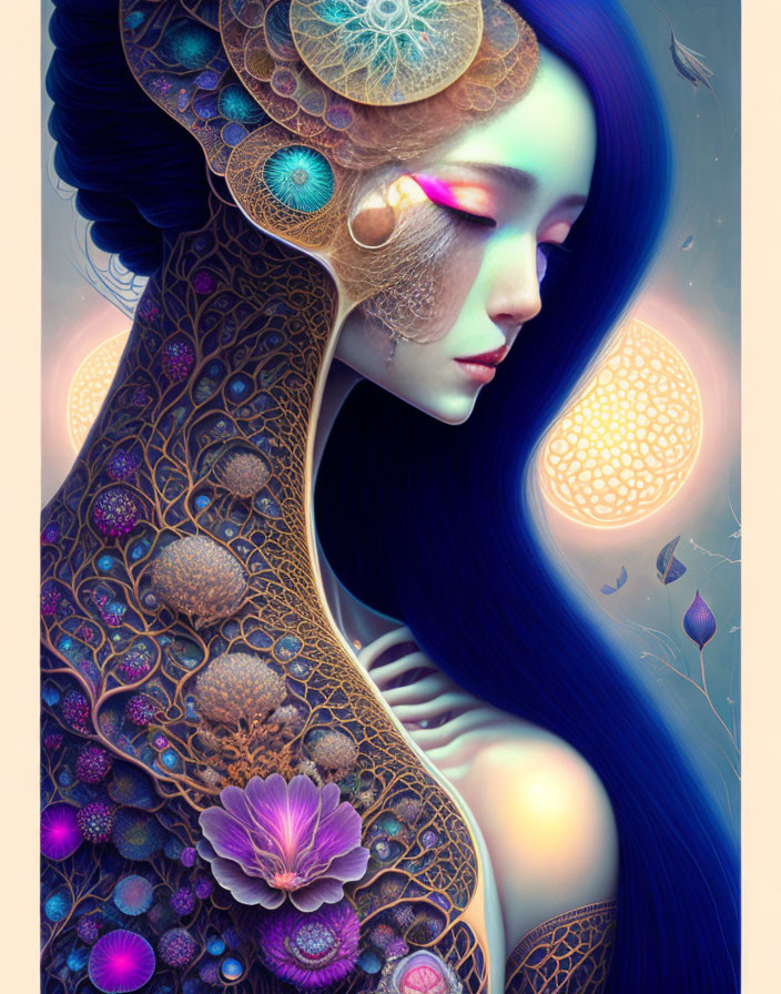 Colorful digital artwork: Woman with dark blue hair and intricate lace-like body patterns.