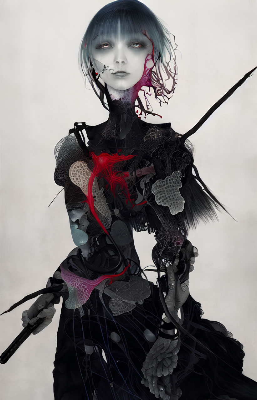 Blue-haired female with cybernetic enhancements in black outfit with red accents