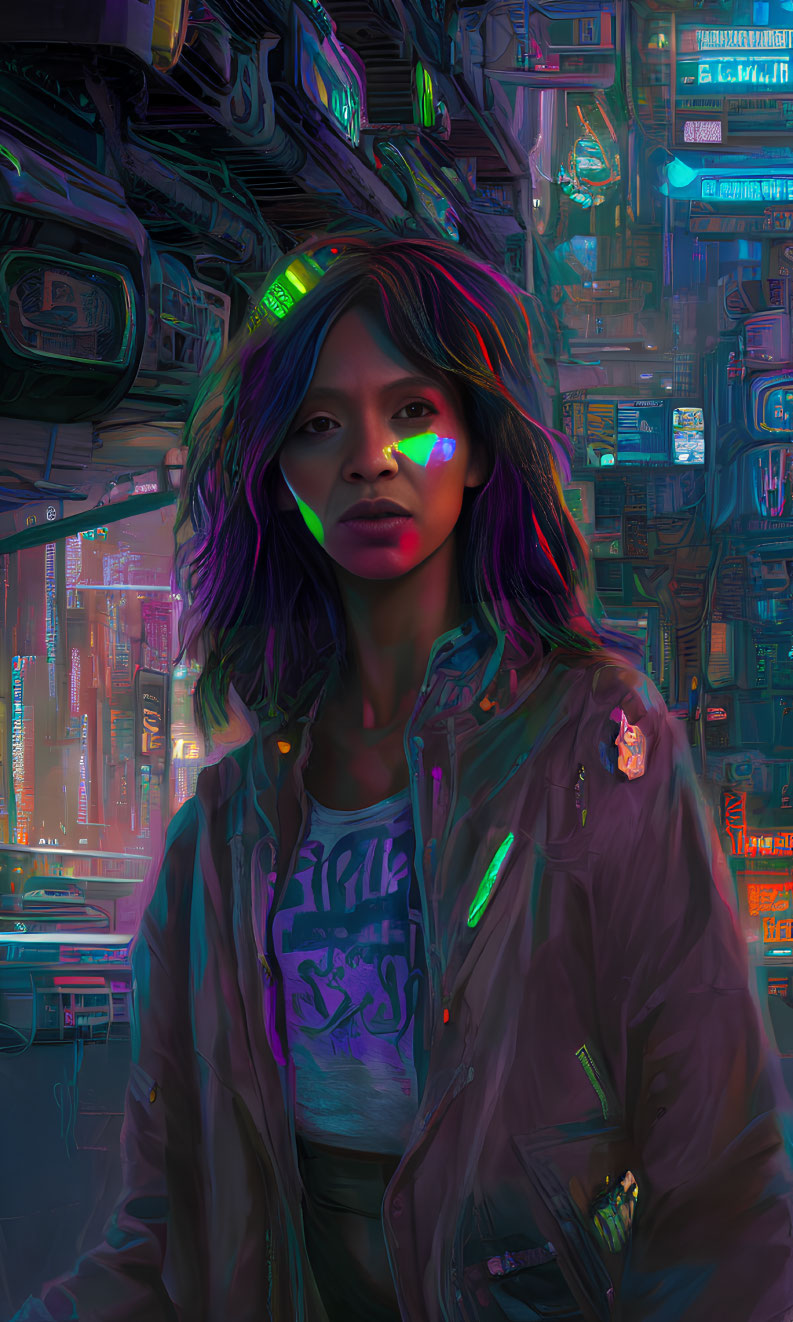 Woman with purple hair in futuristic cyberpunk cityscape