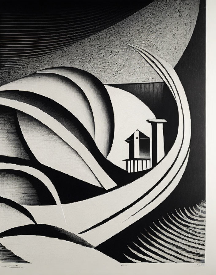 Abstract monochrome artwork with fluid lines and wavelike patterns and a small birdhouse in the lower