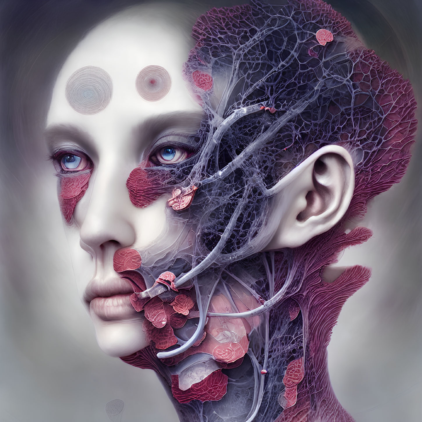 Surreal portrait of person with pale skin, blue eyes, and crimson vascular-like structures and leaves