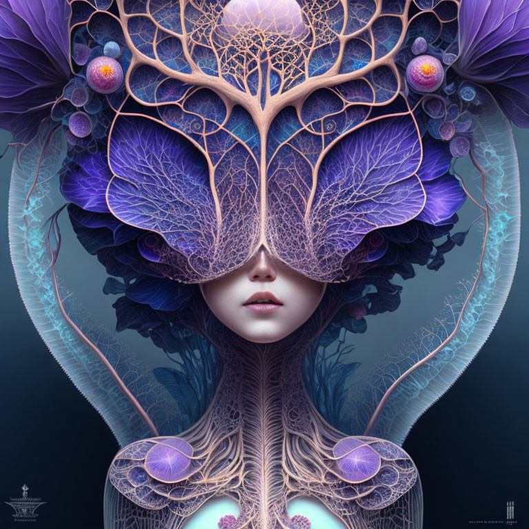 Surreal artwork featuring face with ornate tree-like structures