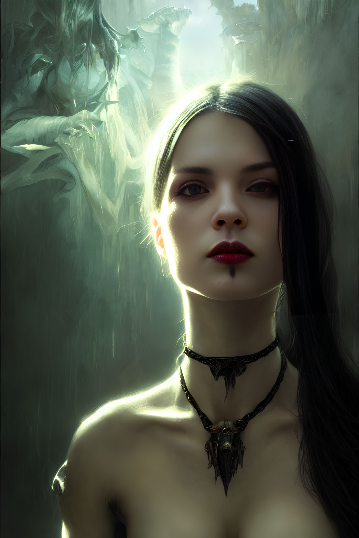 Pale-skinned woman with dark hair and red lips in misty forest scene