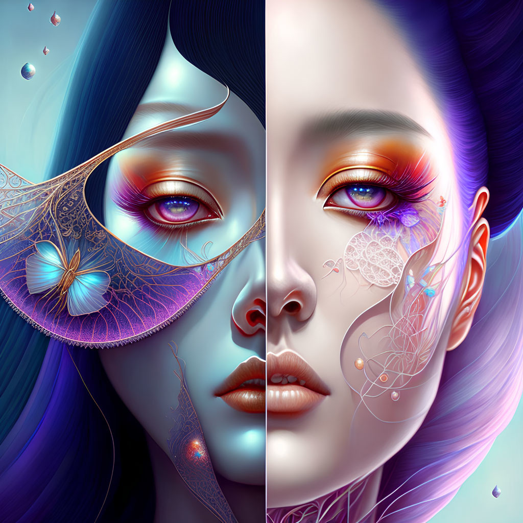 Split image of woman's face with surreal vibrant artwork: butterfly lace mask on one side, shimmering