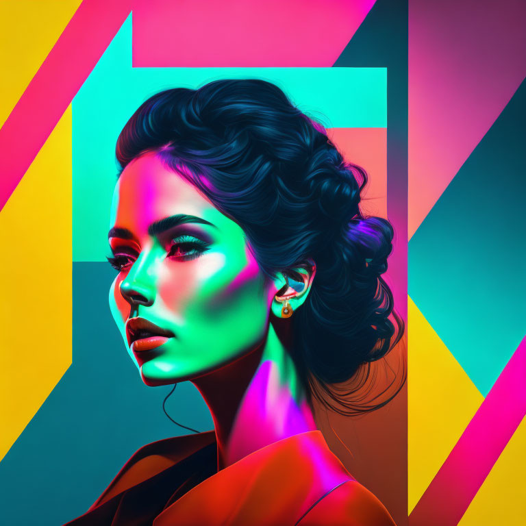 Colorful Neon Portrait of Woman with Stylish Hair and Makeup