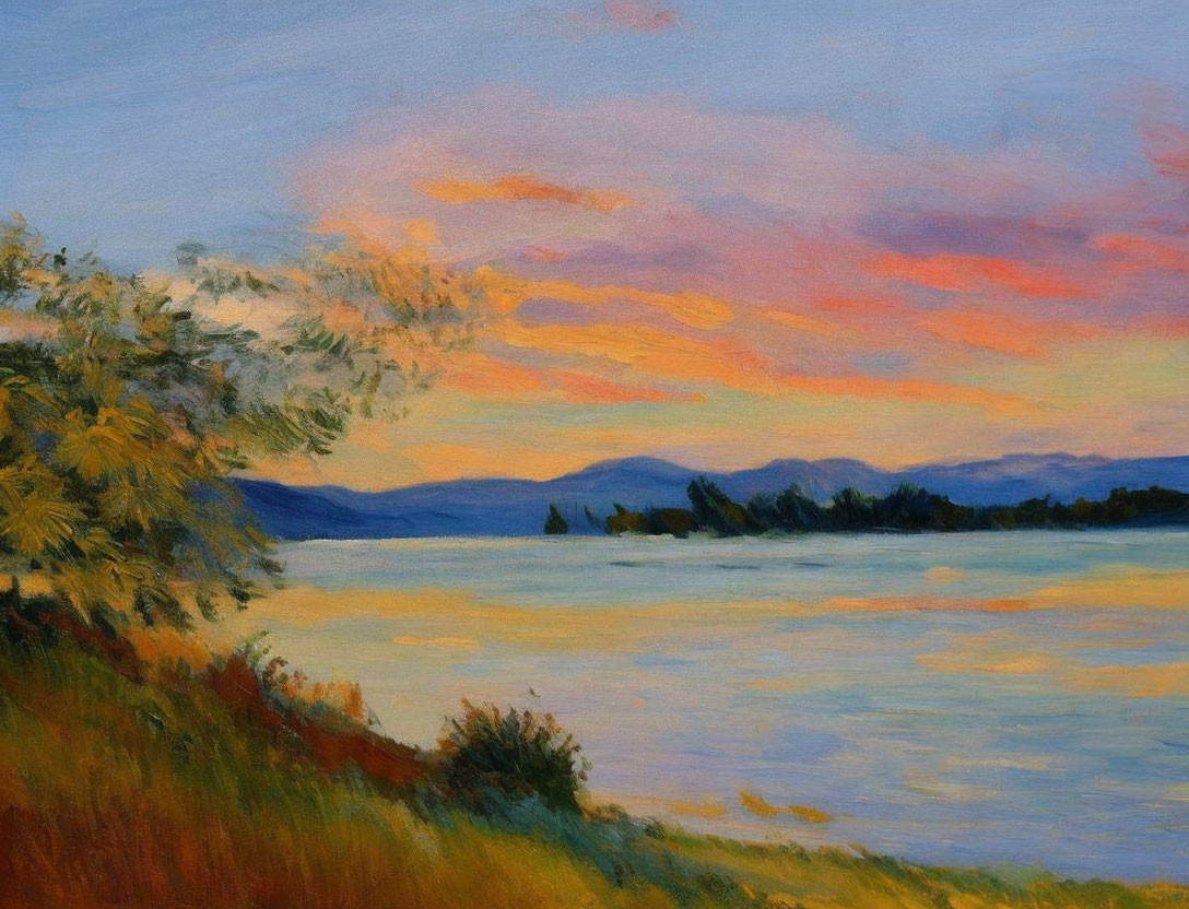Tranquil sunset lake painting with vibrant orange and blue skies reflected in water
