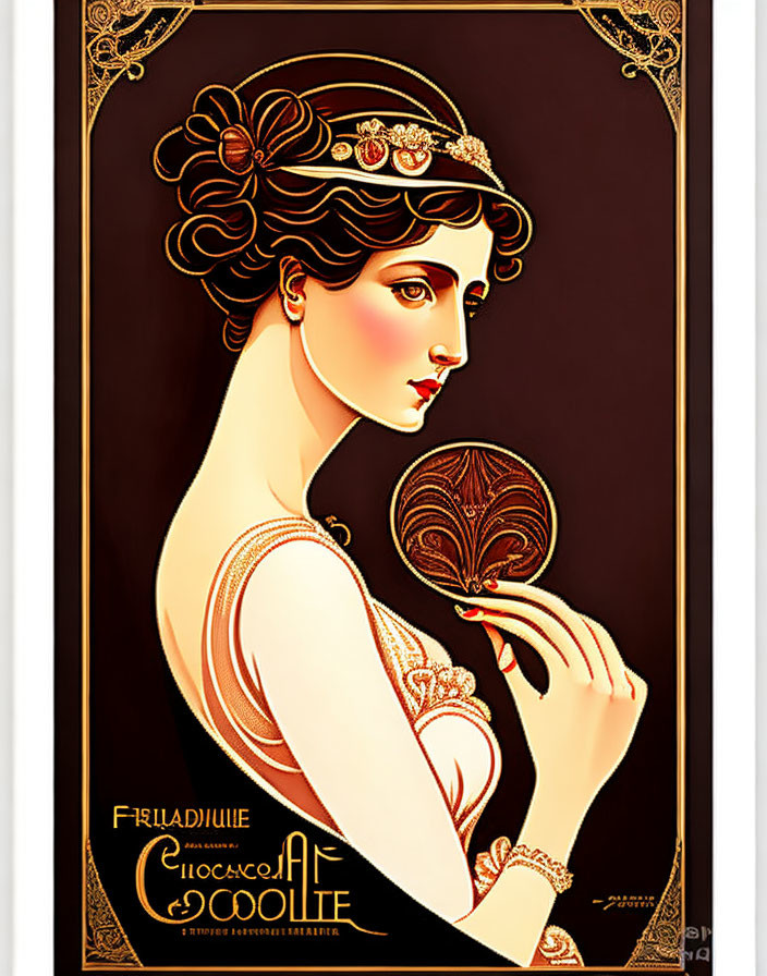 Art Nouveau style illustration of elegant woman with ornate headband and feathered fan, framed by
