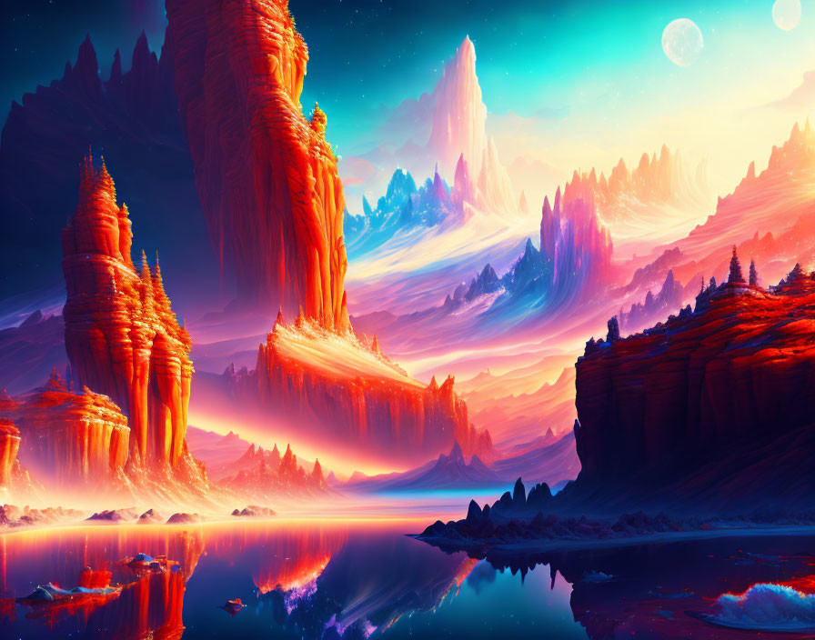 Digital Art: Red Rock Formations, Reflective Lake, Moons, Nebula Backdrop